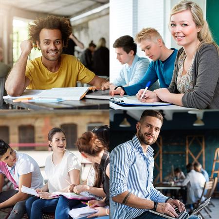 Bilder, die Studierende in unterschiedlichen Situationen auf dem Campus zeigen